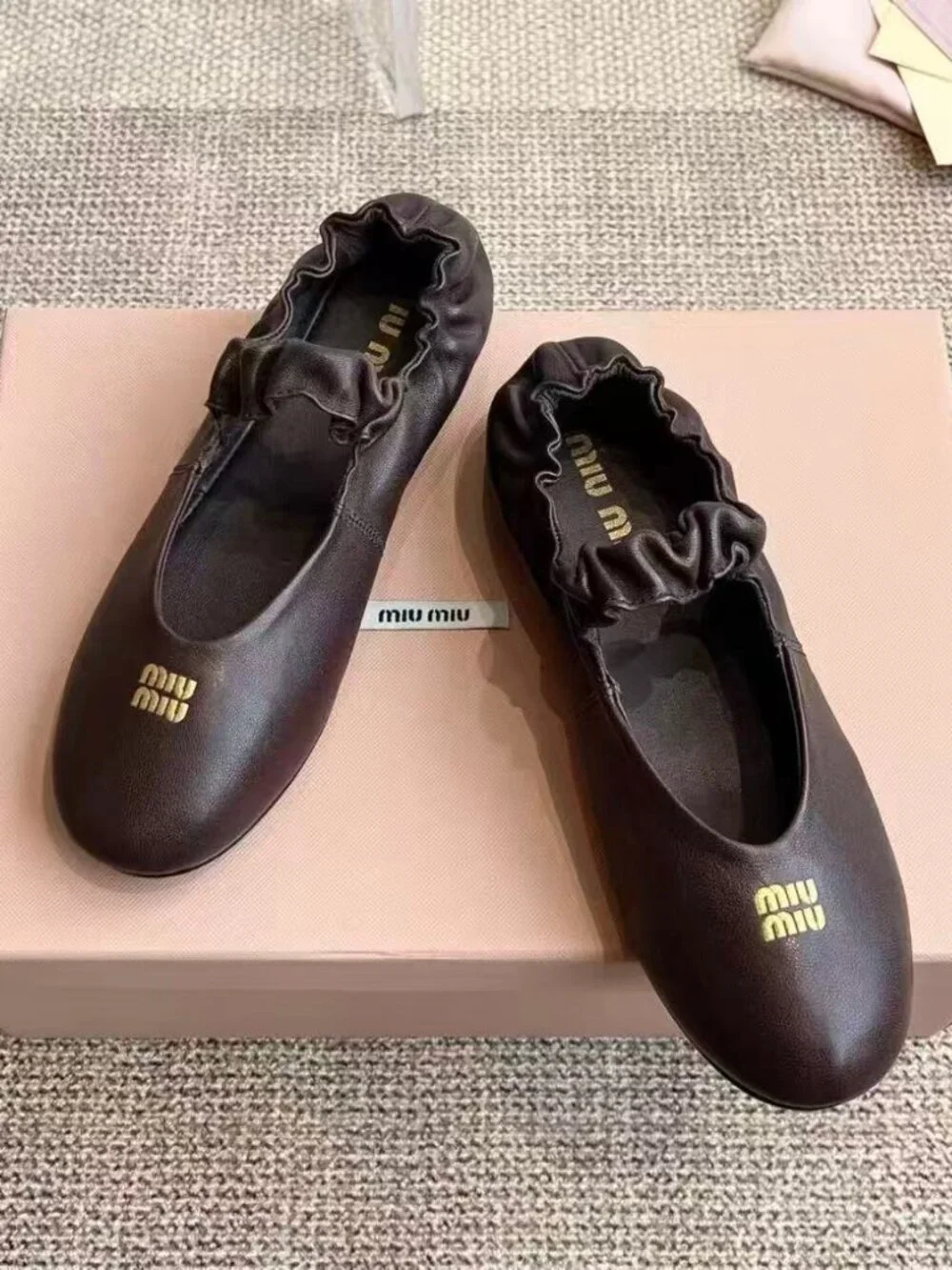 Miu Miu Dark Brown Leather Ruched Strap Ballet Flats